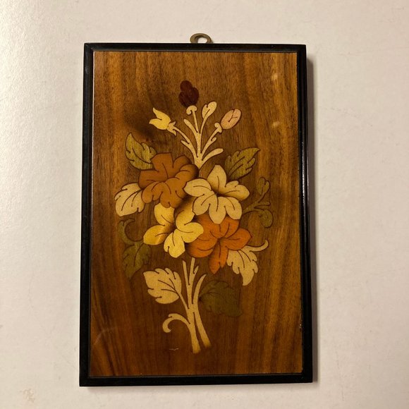 Vintage Italian Lacquer Inlaid Wood Plaque Floral Design Sorrento Italy - Picture 1 of 8